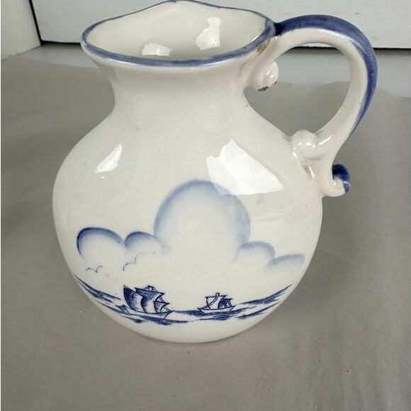 Pitcher Dutch Ceramic Left Handed Poem Blue Trim Lettering 5 Ins. Tall - Picture 2 of 7